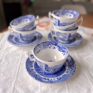 Spode Blue Italian Teacups and Saucers, Set of 6